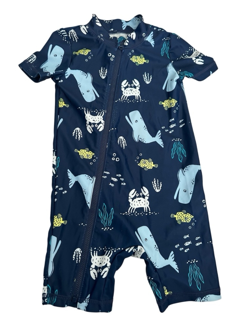 Carter's Navy Short-Sleeve One-Piece with Light Blue Whale & Yellow Fish